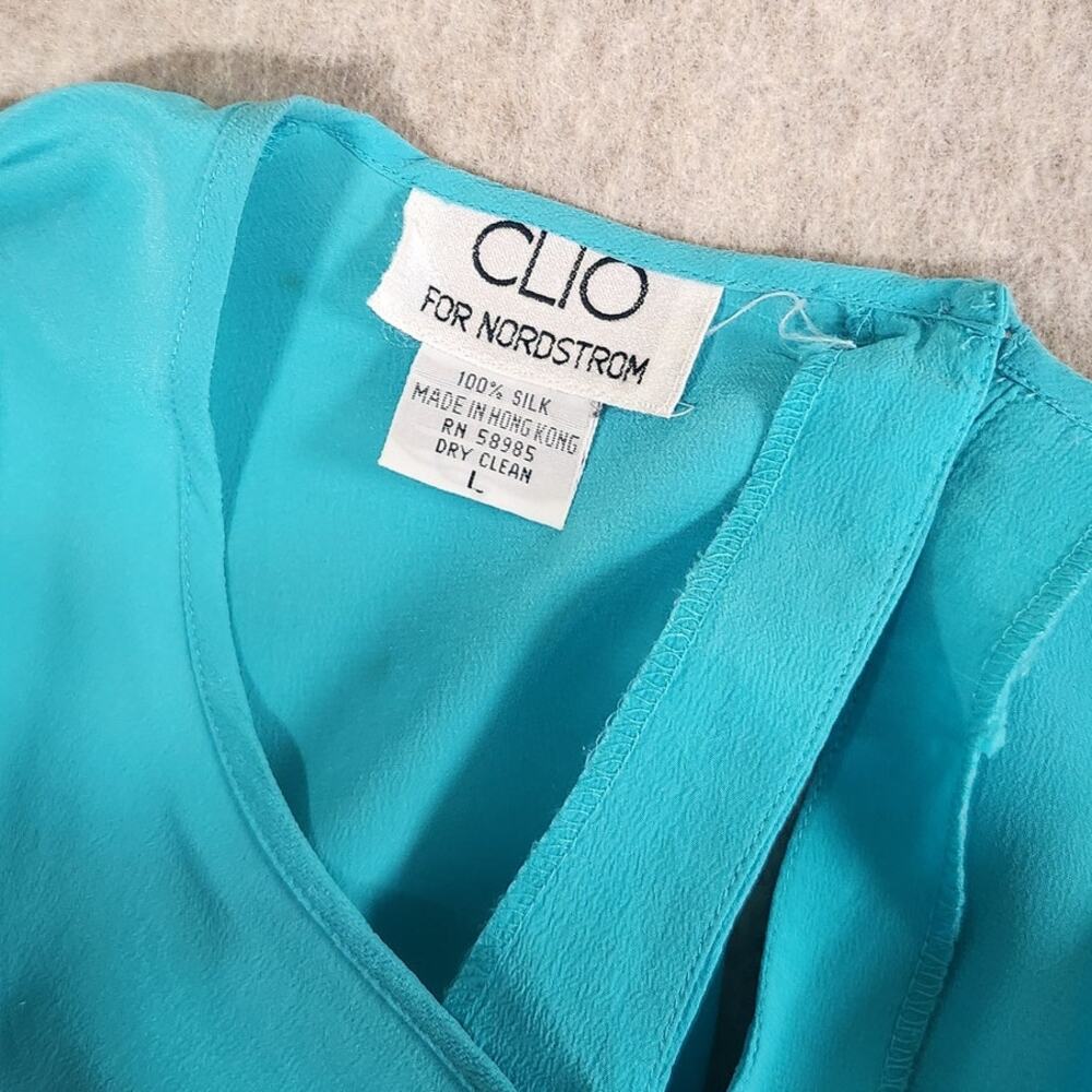 VINTAGE CLIO FOR NORDSTROM TEAL100% SILK SHORT SLEEVE BLOUSE WOMENS SIZE L